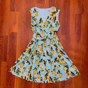 Chetta B Lemon Swing Dress Womens 12 Turquoise Yellow Sleeveless Surplice